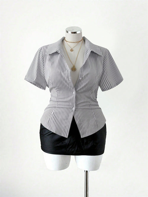 Sunspun Plus Size Women Striped Waist Casual Shirt
