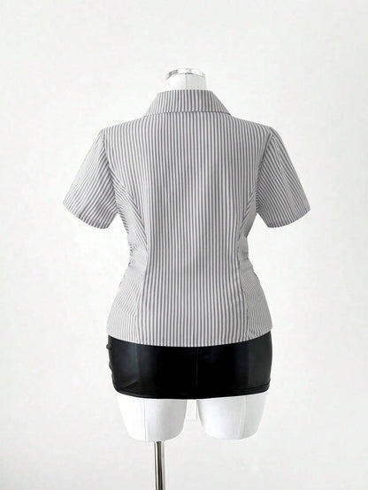 Sunspun Plus Size Women Striped Waist Casual Shirt