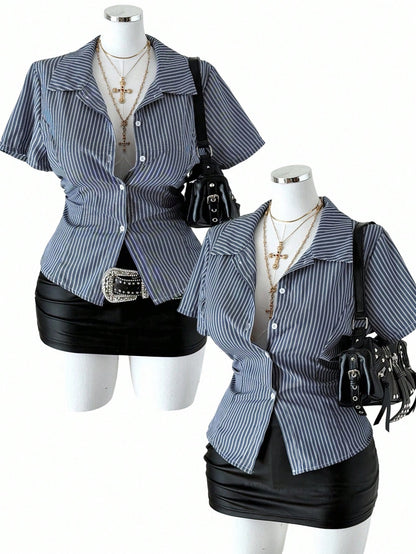 Sunspun Plus Size Women Striped Waist Casual Shirt