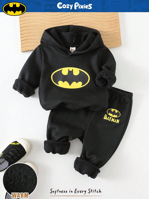 SUPERMAN X Cozy Pixies 2pcs Baby Boy Graphic Hoodie Sweatshirt And Elastic Waist Jogger Pants Set Fall Winter