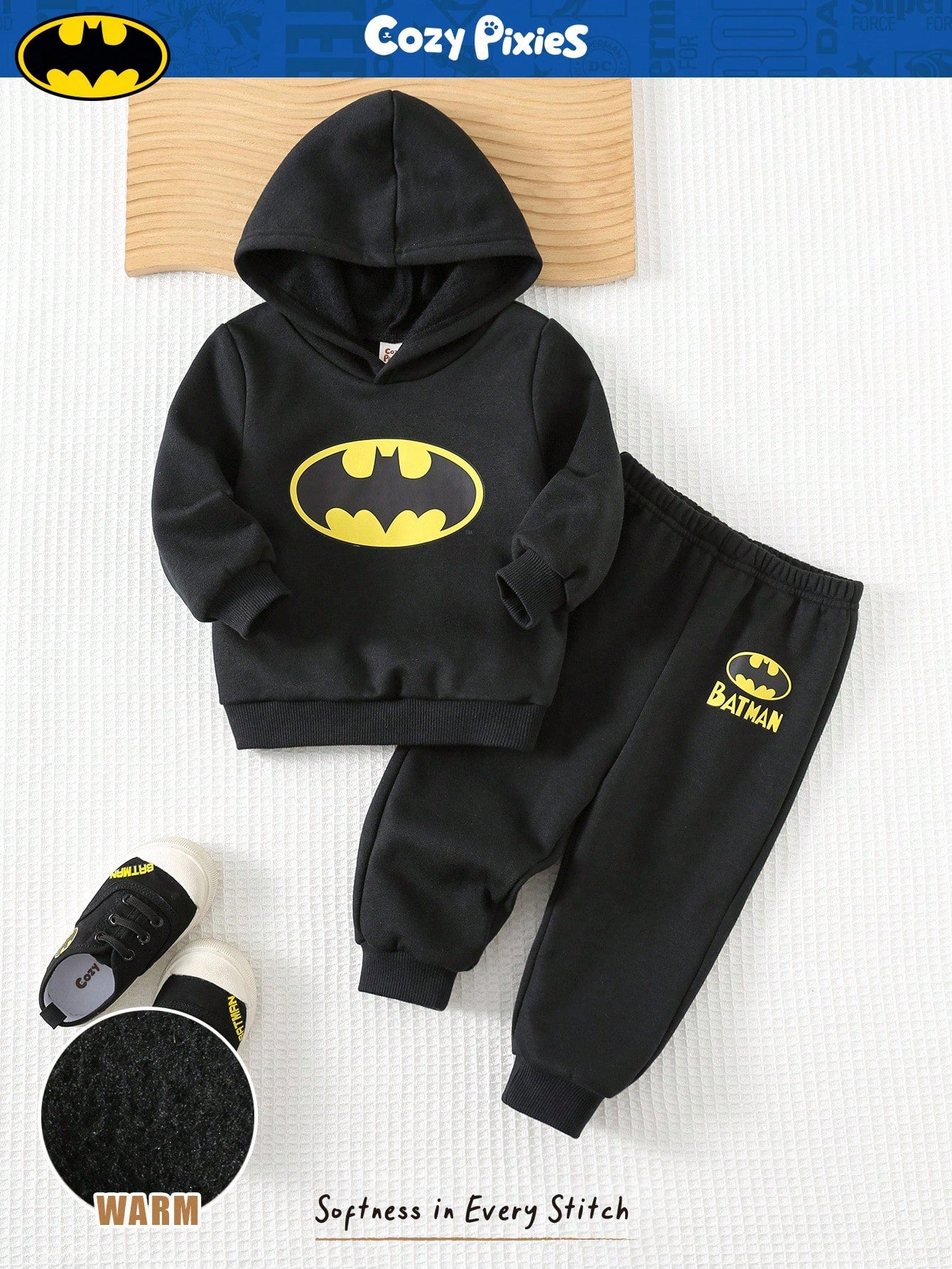 SUPERMAN X Cozy Pixies 2pcs Baby Boy Graphic Hoodie Sweatshirt And Elastic Waist Jogger Pants Set Fall Winter
