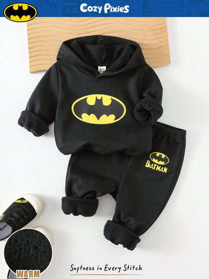 SUPERMAN X Cozy Pixies 2pcs Baby Boy Graphic Hoodie Sweatshirt And Elastic Waist Jogger Pants Set Fall Winter