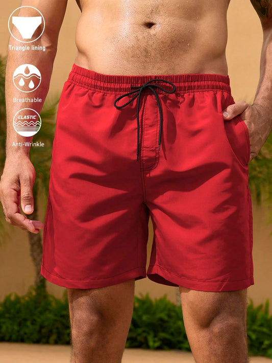 Surfspeed Plus Size Men's Red Solid Color Casual Tropical Beach Vacation Shorts, Summer Holiday Hawaii Swim Trunks, Bathing Board Shorts With Triangle Lining