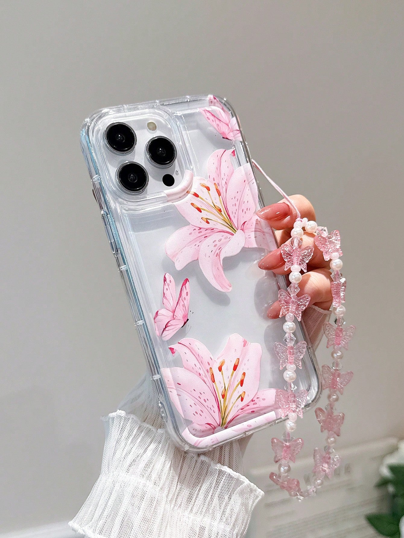 Sweet Pink Floral Lily & Cute Butterfly Design Soft TPU Protective Phone Case With Lanyard, Anti-Drop & Wear-Resistant, Compatible With IPhone 17 Pro Max/15 Pro Max/14 Plus/13 Pro Max/12/11/7G/7P/IX/X