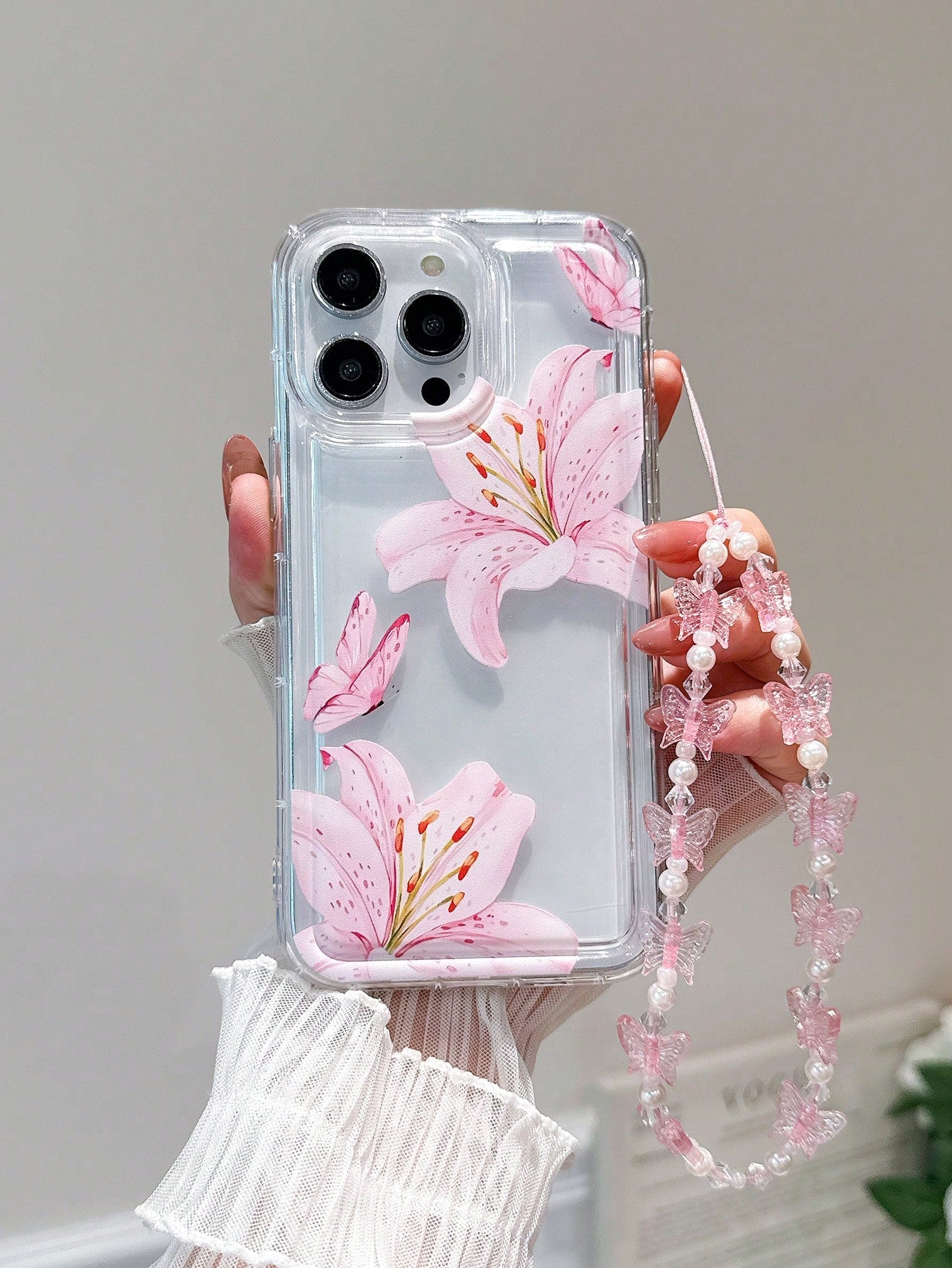 Sweet Pink Floral Lily & Cute Butterfly Design Soft TPU Protective Phone Case With Lanyard, Anti-Drop & Wear-Resistant, Compatible With IPhone 17 Pro Max/15 Pro Max/14 Plus/13 Pro Max/12/11/7G/7P/IX/X
