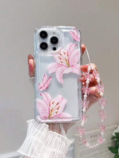 Sweet Pink Floral Lily & Cute Butterfly Design Soft TPU Protective Phone Case With Lanyard, Anti-Drop & Wear-Resistant, Compatible With IPhone 17 Pro Max/15 Pro Max/14 Plus/13 Pro Max/12/11/7G/7P/IX/X
