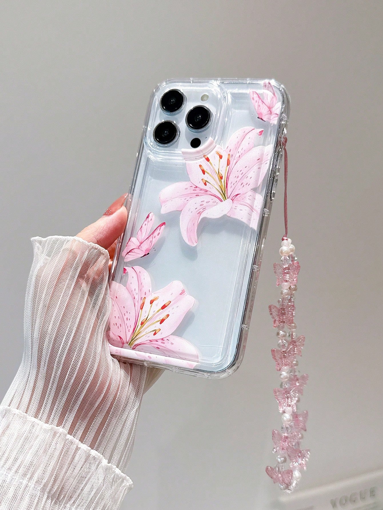 Sweet Pink Floral Lily & Cute Butterfly Design Soft TPU Protective Phone Case With Lanyard, Anti-Drop & Wear-Resistant, Compatible With IPhone 17 Pro Max/15 Pro Max/14 Plus/13 Pro Max/12/11/7G/7P/IX/X
