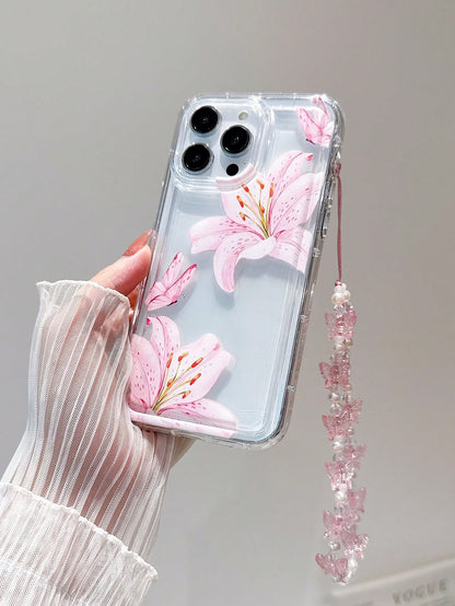 Sweet Pink Floral Lily & Cute Butterfly Design Soft TPU Protective Phone Case With Lanyard, Anti-Drop & Wear-Resistant, Compatible With IPhone 17 Pro Max/15 Pro Max/14 Plus/13 Pro Max/12/11/7G/7P/IX/X