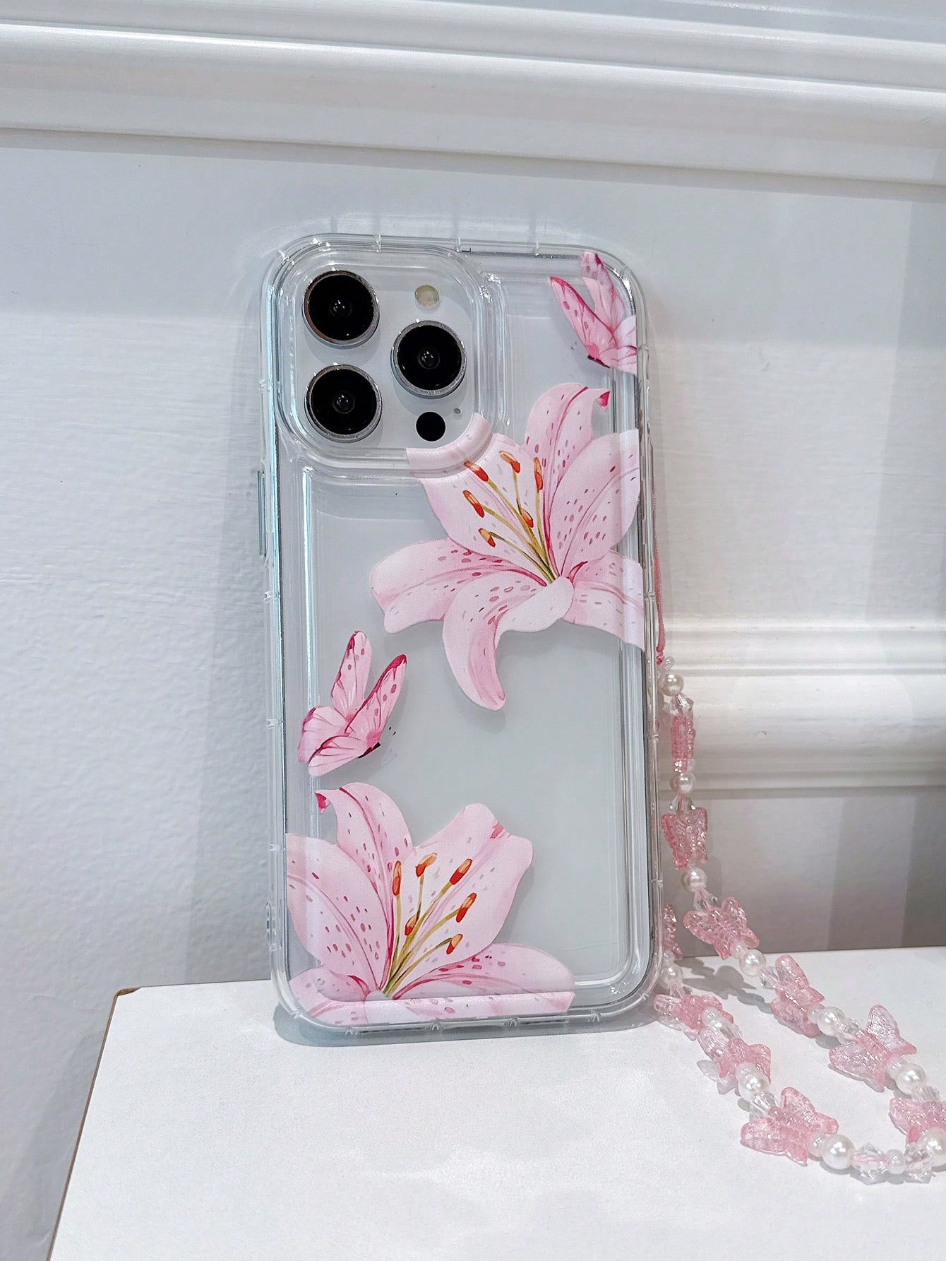 Sweet Pink Floral Lily & Cute Butterfly Design Soft TPU Protective Phone Case With Lanyard, Anti-Drop & Wear-Resistant, Compatible With IPhone 17 Pro Max/15 Pro Max/14 Plus/13 Pro Max/12/11/7G/7P/IX/X