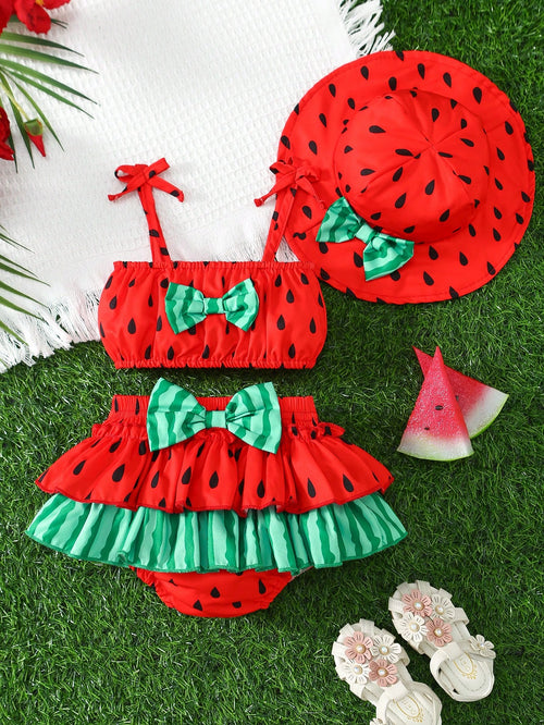 Sweet Style Woven Floral Print All-Over Print Camisole Bow Decor Triangle Spaghetti Strap Dress Elastic Waist Vacation Tiered Cake Skirt Girls Set And Hat Set Summer Daily Wear