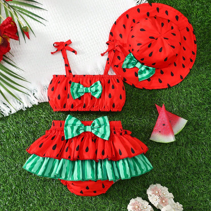 Sweet Style Woven Floral Print All-Over Print Camisole Bow Decor Triangle Spaghetti Strap Dress Elastic Waist Vacation Tiered Cake Skirt Girls Set And Hat Set Summer Daily Wear
