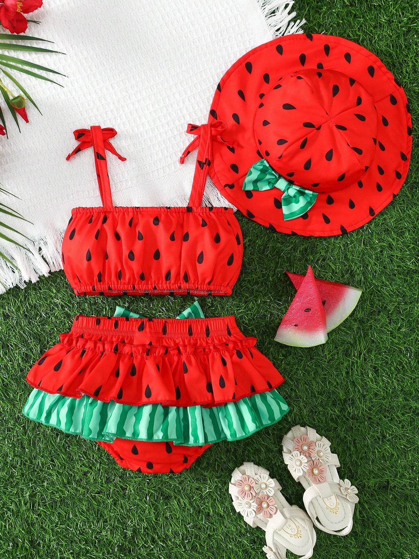 Sweet Style Woven Floral Print All-Over Print Camisole Bow Decor Triangle Spaghetti Strap Dress Elastic Waist Vacation Tiered Cake Skirt Girls Set And Hat Set Summer Daily Wear