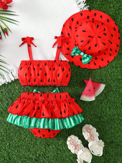 Sweet Style Woven Floral Print All-Over Print Camisole Bow Decor Triangle Spaghetti Strap Dress Elastic Waist Vacation Tiered Cake Skirt Girls Set And Hat Set Summer Daily Wear