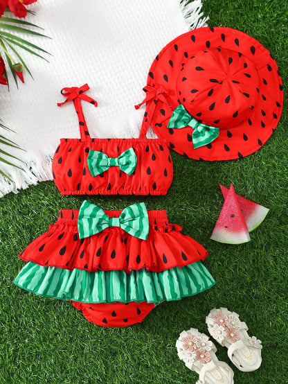 Sweet Style Woven Floral Print All-Over Print Camisole Bow Decor Triangle Spaghetti Strap Dress Elastic Waist Vacation Tiered Cake Skirt Girls Set And Hat Set Summer Daily Wear