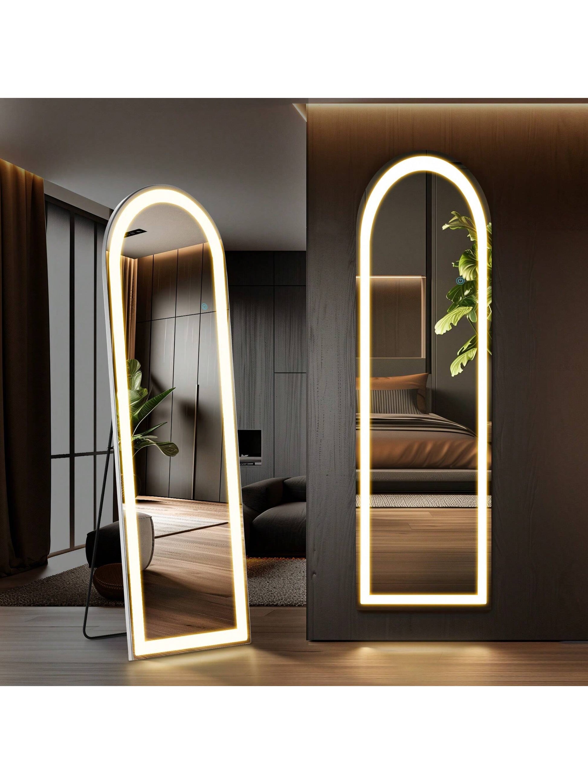 Sweetcrispy Arched Mirror Full Length With LED Lights,60" 16" Floor Mirror Dimming & 3 Color Lighting, Large Mirror Full Length Aluminum Alloy Thin Frame For Bedroom, Dressing Room