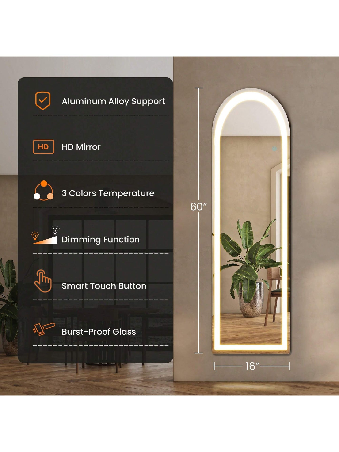 Sweetcrispy Arched Mirror Full Length With LED Lights,60" 16" Floor Mirror Dimming & 3 Color Lighting, Large Mirror Full Length Aluminum Alloy Thin Frame For Bedroom, Dressing Room