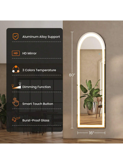 Sweetcrispy Arched Mirror Full Length With LED Lights,60" 16" Floor Mirror Dimming & 3 Color Lighting, Large Mirror Full Length Aluminum Alloy Thin Frame For Bedroom, Dressing Room