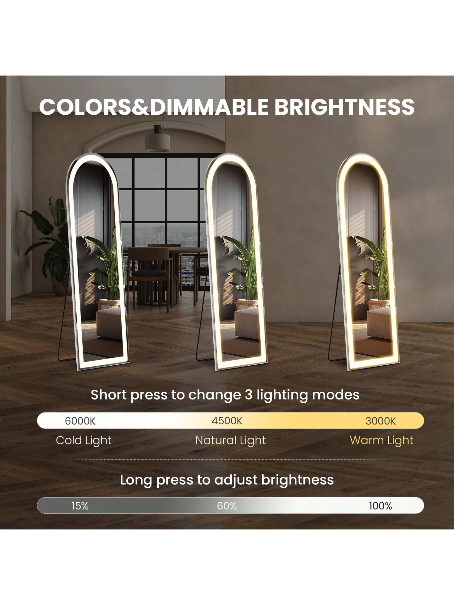 Sweetcrispy Arched Mirror Full Length With LED Lights,60" 16" Floor Mirror Dimming & 3 Color Lighting, Large Mirror Full Length Aluminum Alloy Thin Frame For Bedroom, Dressing Room