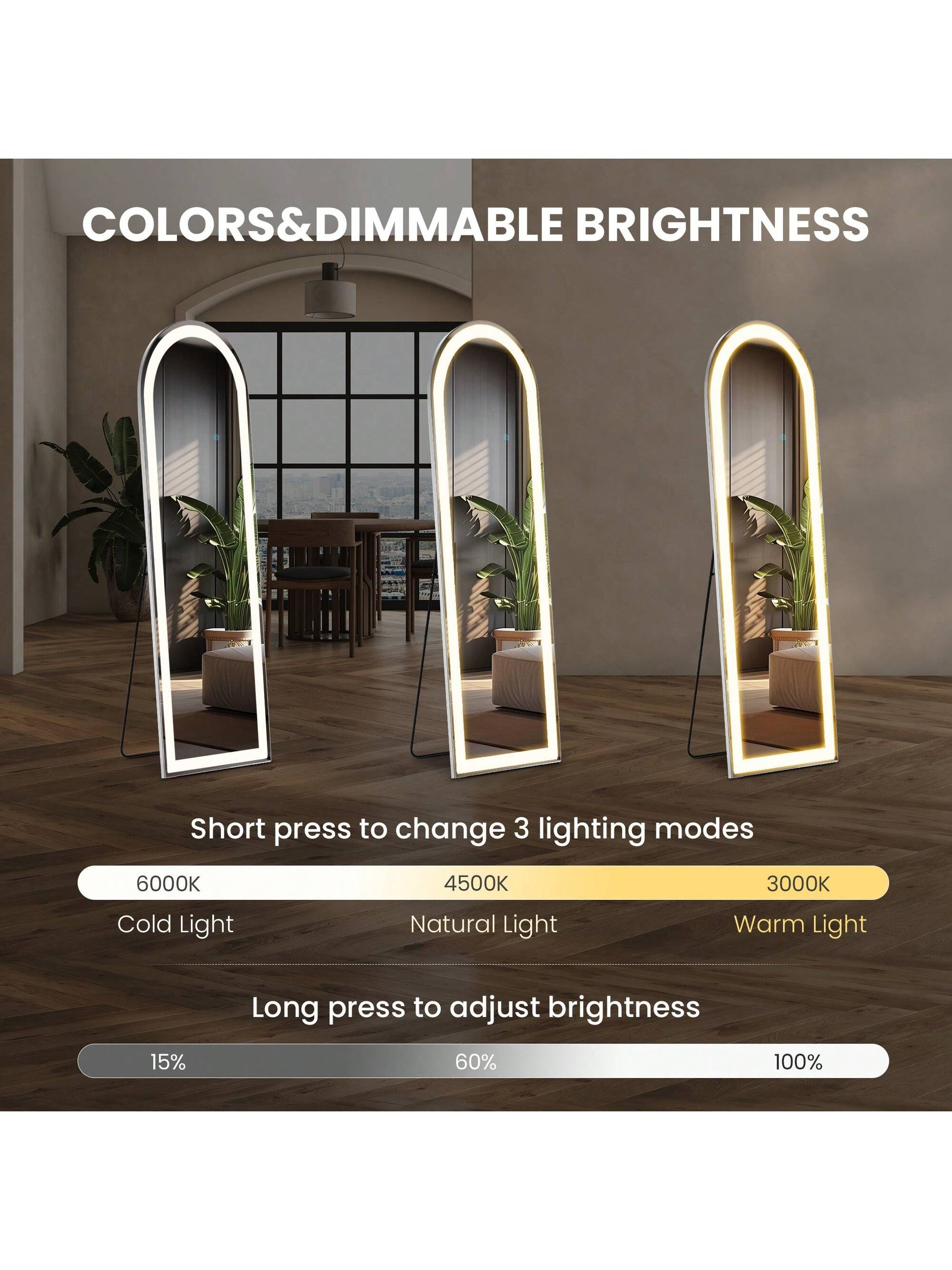 Sweetcrispy Arched Mirror Full Length With LED Lights,60" 16" Floor Mirror Dimming & 3 Color Lighting, Large Mirror Full Length Aluminum Alloy Thin Frame For Bedroom, Dressing Room
