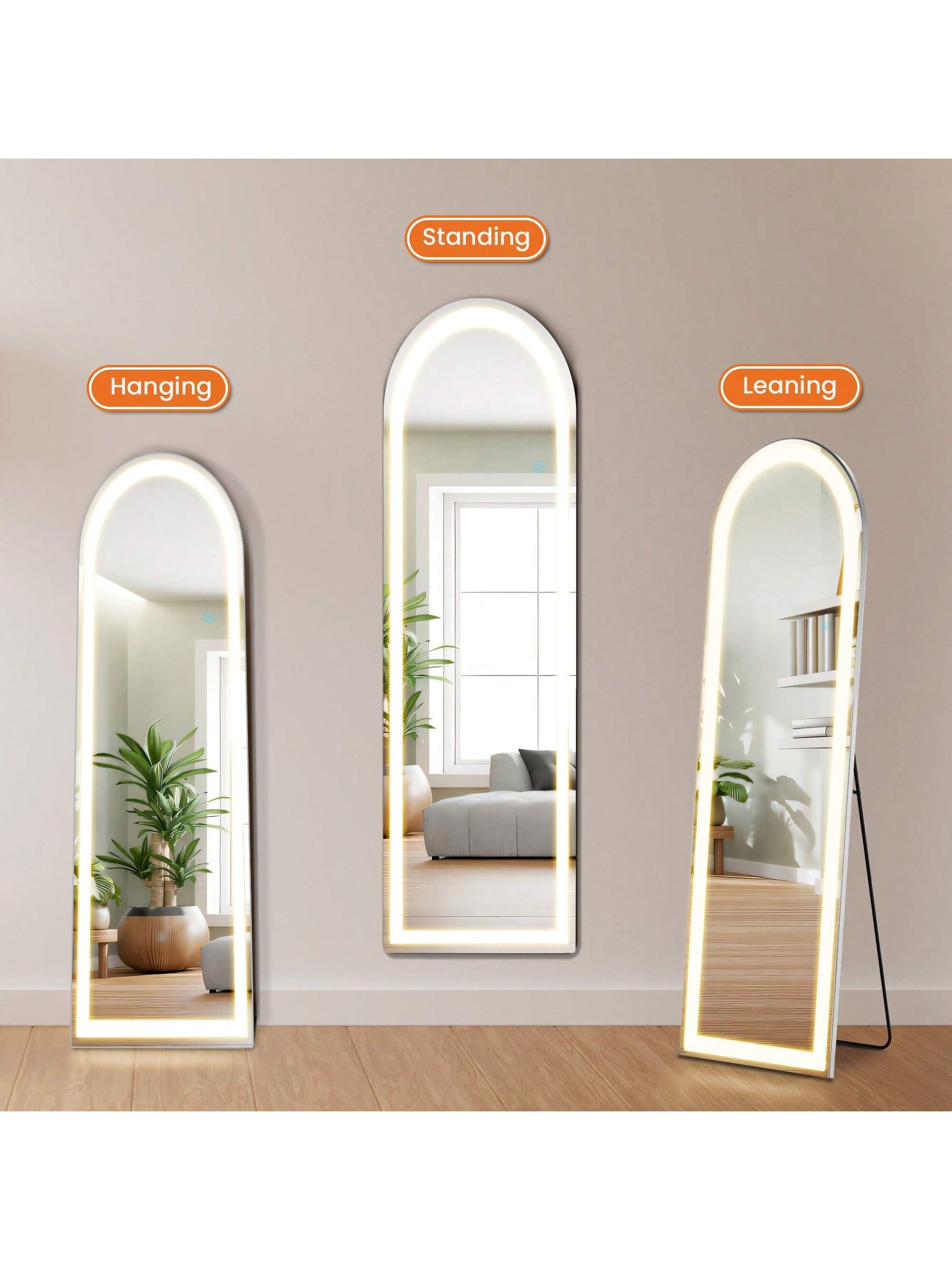 Sweetcrispy Arched Mirror Full Length With LED Lights,60" 16" Floor Mirror Dimming & 3 Color Lighting, Large Mirror Full Length Aluminum Alloy Thin Frame For Bedroom, Dressing Room