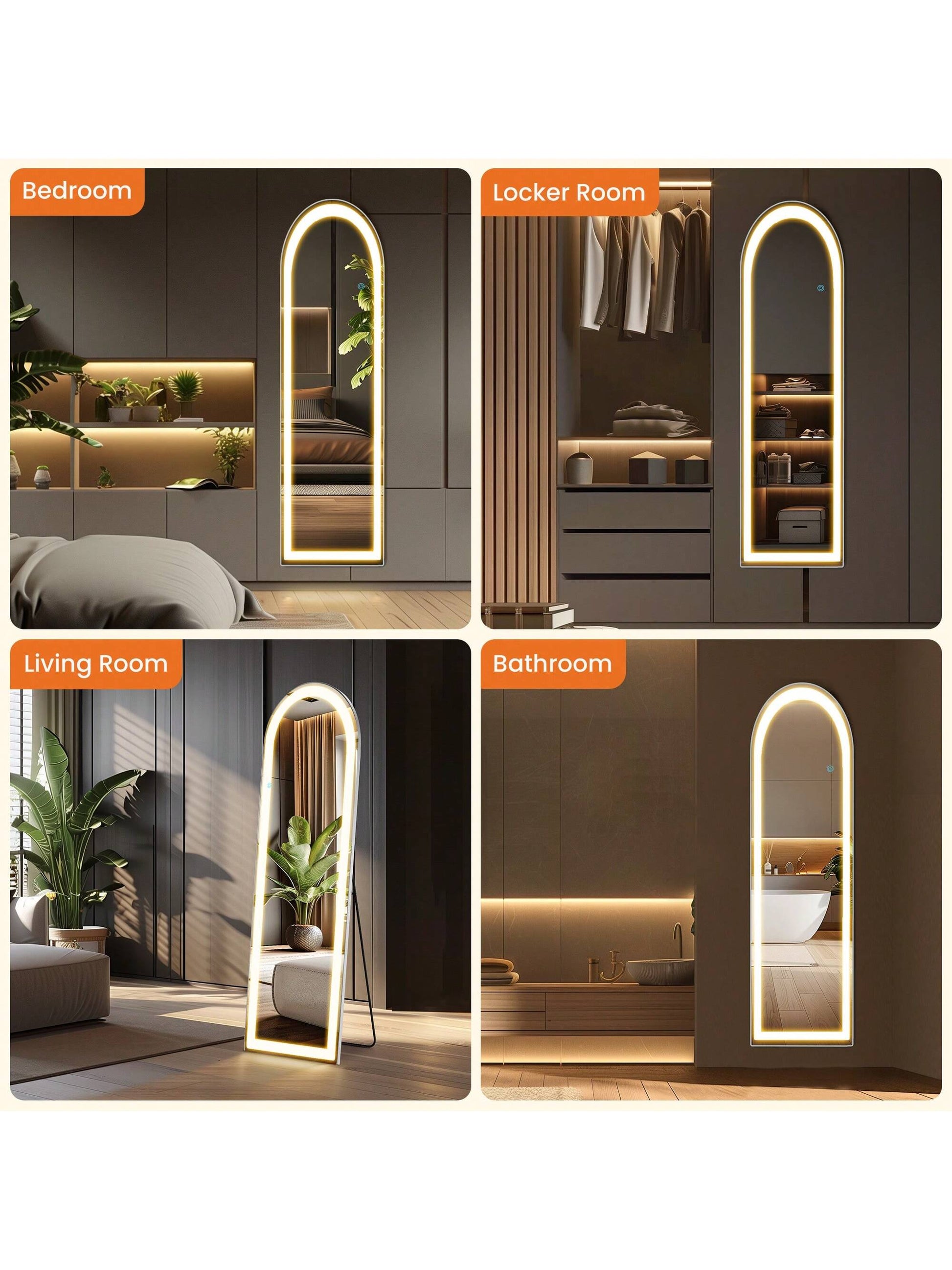 Sweetcrispy Arched Mirror Full Length With LED Lights,60" 16" Floor Mirror Dimming & 3 Color Lighting, Large Mirror Full Length Aluminum Alloy Thin Frame For Bedroom, Dressing Room