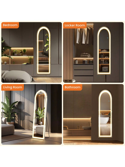 Sweetcrispy Arched Mirror Full Length With LED Lights,60" 16" Floor Mirror Dimming & 3 Color Lighting, Large Mirror Full Length Aluminum Alloy Thin Frame For Bedroom, Dressing Room