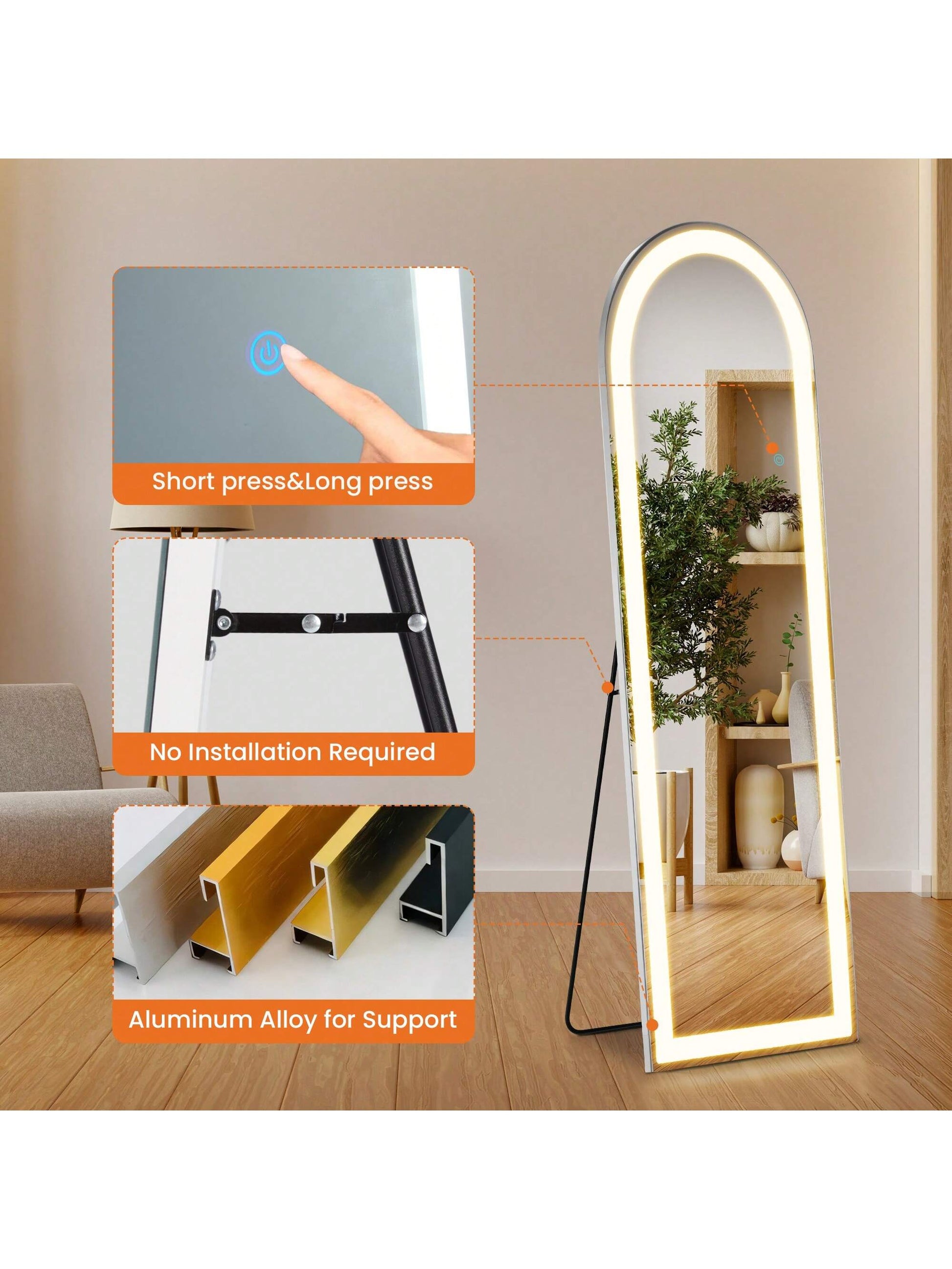 Sweetcrispy Arched Mirror Full Length With LED Lights,60" 16" Floor Mirror Dimming & 3 Color Lighting, Large Mirror Full Length Aluminum Alloy Thin Frame For Bedroom, Dressing Room
