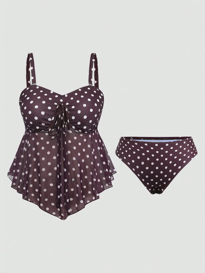 Sweetra 2026 New Summer Beach Vacation Elegant Cute Sweet Polka Dot Print Plus Size Women's Tankini Set