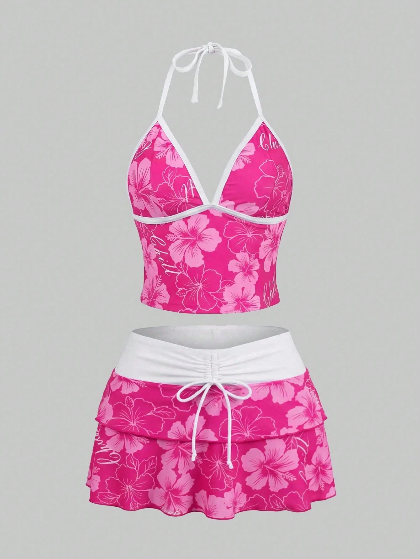 Sweetra CURVE 2026 Spring/Summer Plus Size Women's Fuchsia Floral Print Halter Top, Casual Resort Beach Party Swimwear Set Vacation