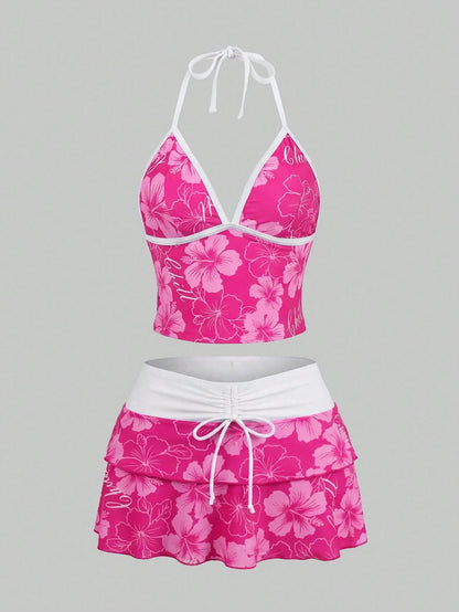 Sweetra CURVE 2026 Spring/Summer Plus Size Women's Fuchsia Floral Print Halter Top, Casual Resort Beach Party Swimwear Set Vacation