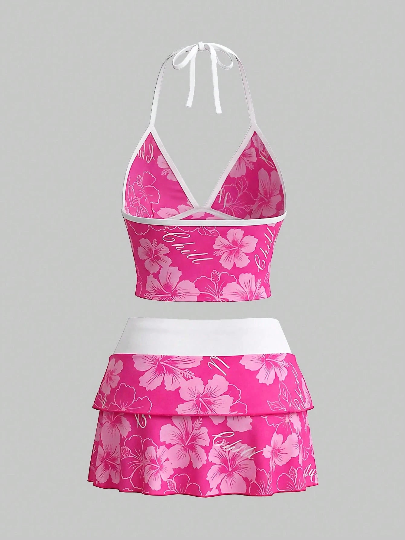 Sweetra CURVE 2026 Spring/Summer Plus Size Women's Fuchsia Floral Print Halter Top, Casual Resort Beach Party Swimwear Set Vacation
