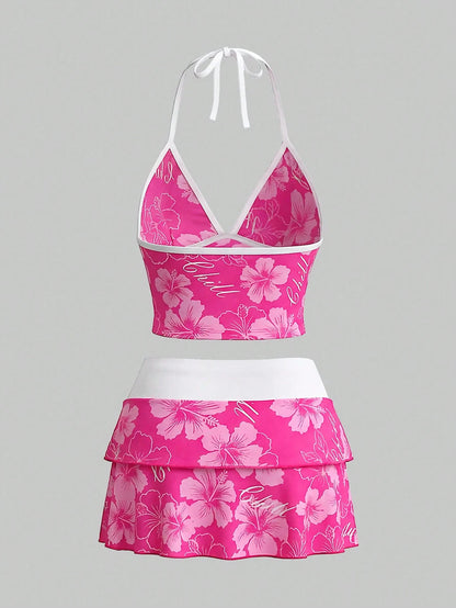 Sweetra CURVE 2026 Spring/Summer Plus Size Women's Fuchsia Floral Print Halter Top, Casual Resort Beach Party Swimwear Set Vacation