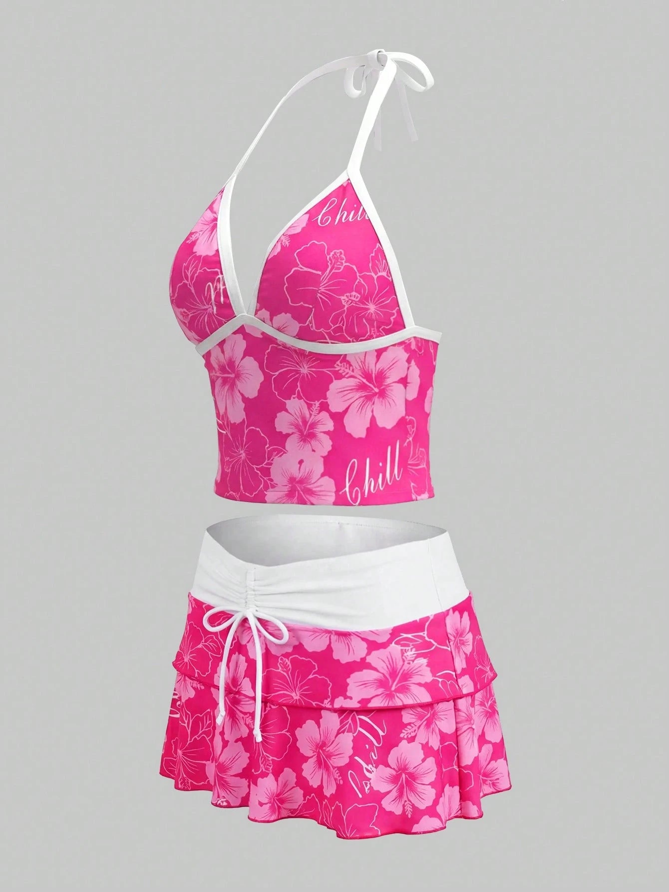 Sweetra CURVE 2026 Spring/Summer Plus Size Women's Fuchsia Floral Print Halter Top, Casual Resort Beach Party Swimwear Set Vacation