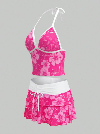 Sweetra CURVE 2026 Spring/Summer Plus Size Women's Fuchsia Floral Print Halter Top, Casual Resort Beach Party Swimwear Set Vacation