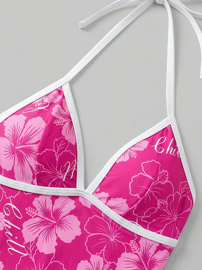 Sweetra CURVE 2026 Spring/Summer Plus Size Women's Fuchsia Floral Print Halter Top, Casual Resort Beach Party Swimwear Set Vacation