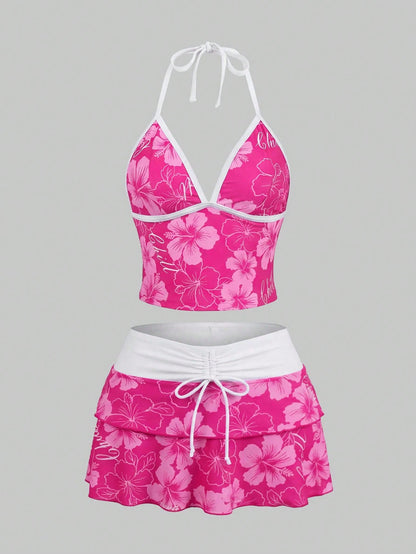 Sweetra CURVE 2026 Spring/Summer Plus Size Women's Fuchsia Floral Print Halter Top, Casual Resort Beach Party Swimwear Set Vacation