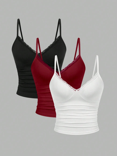Sweetra CURVE 3pcs Plus Size Women Lace Camisole Top Set, Casual And Comfortable