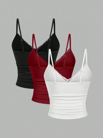 Sweetra CURVE 3pcs Plus Size Women Lace Camisole Top Set, Casual And Comfortable
