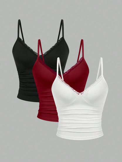 Sweetra CURVE 3pcs Plus Size Women Lace Camisole Top Set, Casual And Comfortable