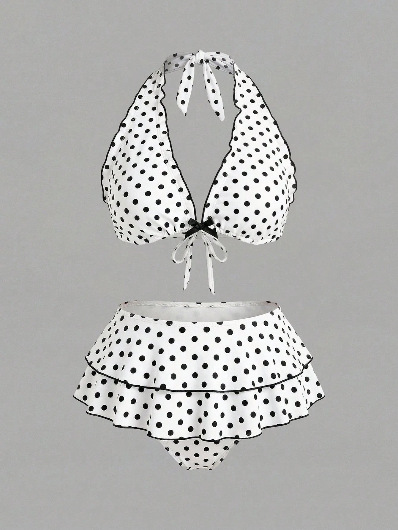 Sweetra CURVE Plus Size Women 2pcs Black Polka Dot Print Halter Tie Sexy Beach Vacation Bikini Swimsuit