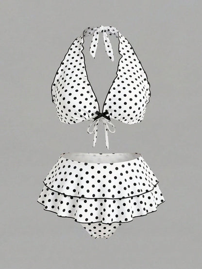 Sweetra CURVE Plus Size Women 2pcs Black Polka Dot Print Halter Tie Sexy Beach Vacation Bikini Swimsuit