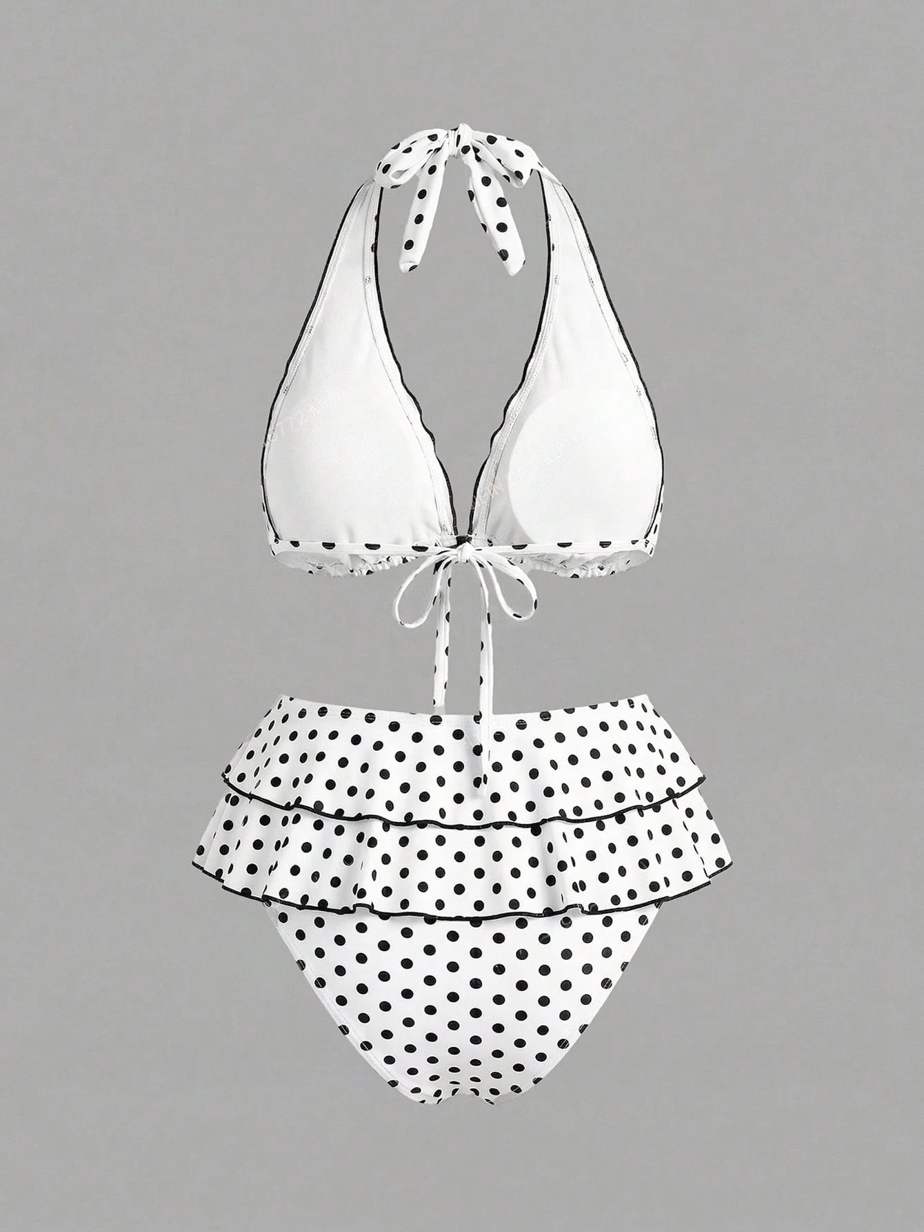 Sweetra CURVE Plus Size Women 2pcs Black Polka Dot Print Halter Tie Sexy Beach Vacation Bikini Swimsuit