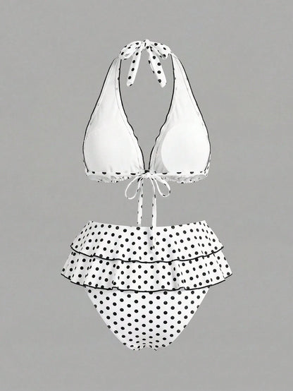 Sweetra CURVE Plus Size Women 2pcs Black Polka Dot Print Halter Tie Sexy Beach Vacation Bikini Swimsuit