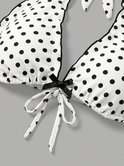 Sweetra CURVE Plus Size Women 2pcs Black Polka Dot Print Halter Tie Sexy Beach Vacation Bikini Swimsuit