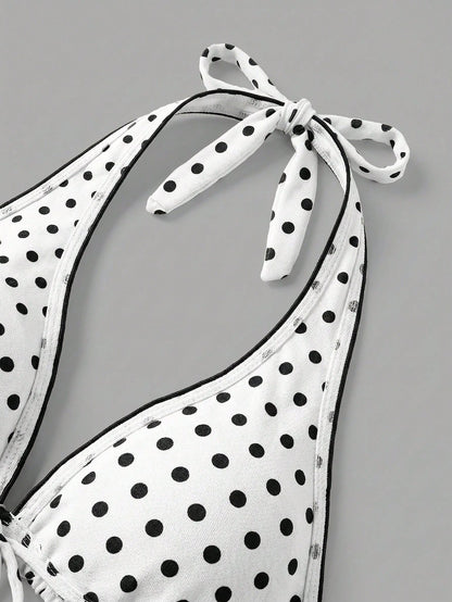 Sweetra CURVE Plus Size Women 2pcs Black Polka Dot Print Halter Tie Sexy Beach Vacation Bikini Swimsuit