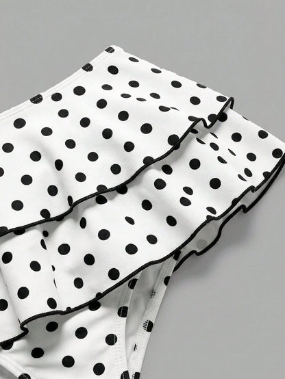 Sweetra CURVE Plus Size Women 2pcs Black Polka Dot Print Halter Tie Sexy Beach Vacation Bikini Swimsuit