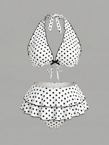 Sweetra CURVE Plus Size Women 2pcs Black Polka Dot Print Halter Tie Sexy Beach Vacation Bikini Swimsuit
