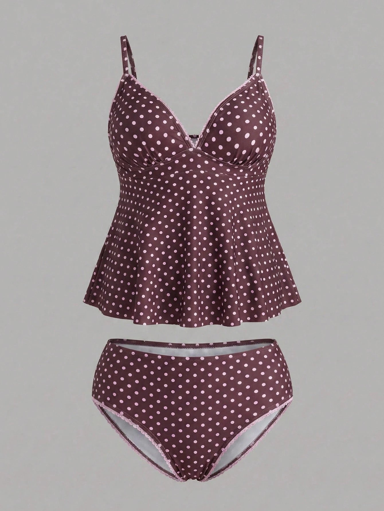 Sweetra CURVE Plus Size Women's Polka Dot Print Deep V-Neck Ruffle Top Paired With Regular Trousers, Flattering Silhouette Beach Atmosphere Women's Swimwear Set