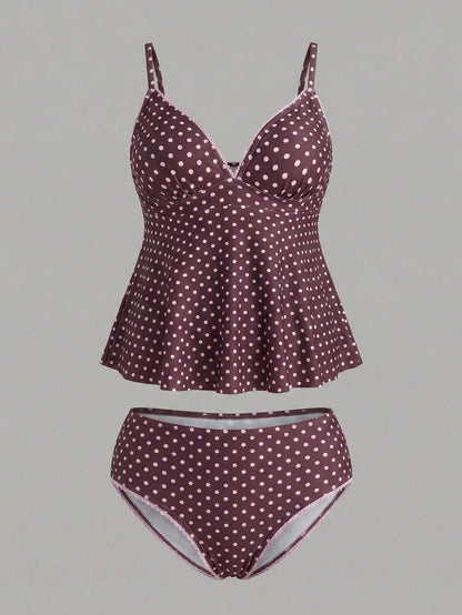 Sweetra CURVE Plus Size Women's Polka Dot Print Deep V-Neck Ruffle Top Paired With Regular Trousers, Flattering Silhouette Beach Atmosphere Women's Swimwear Set
