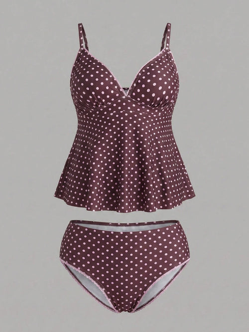 Sweetra CURVE Plus Size Women's Polka Dot Print Deep V-Neck Ruffle Top Paired With Regular Trousers, Flattering Silhouette Beach Atmosphere Women's Swimwear Set